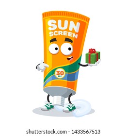 with gift box cartoon tube of sunscreen cream character mascot smiling on white background