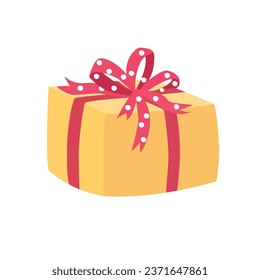 Gift box cartoon vector. Present box cartoon vector. Gift box wrapped in yellow paper with red ribbon. Flat vector in cartoon style isolated on white background.
