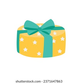 Gift box cartoon vector. Present box cartoon vector. Gift box wrapped in yellow paper with green ribbon. Flat vector in cartoon style isolated on white background.