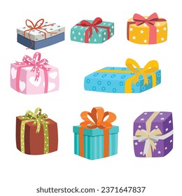 Gift box cartoon vector set. Present box cartoon vector set. Gift box wrapped in different colors of paper and ribbon. Flat vector in cartoon style isolated on white background.