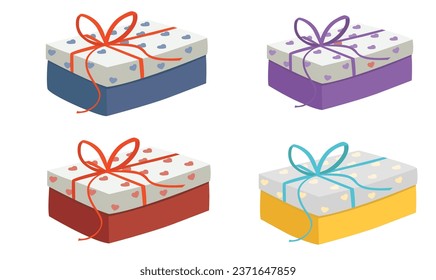 Gift box cartoon vector set. Present box cartoon vector set. Gift box wrapped in different colors of paper and ribbon. Flat vector in cartoon style isolated on white background.