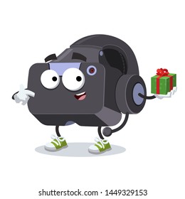 with gift box cartoon VR Virtual Reality headset character mascot smiling on white background