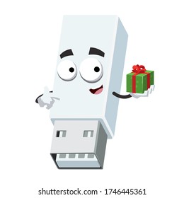 mit Geschenkkartoon weißen USB-Laufwerk Speicherkarte Maskottchen auf weißem Hintergrund lächeln