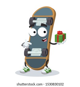 with gift box cartoon  wooden skateboard or longboard deck  character mascot smiling on white background