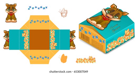 Gift box with cat and flowers design on a white background. Die-stamping.  Vector template Kid Party Shopping Bag. Die Fold Lid