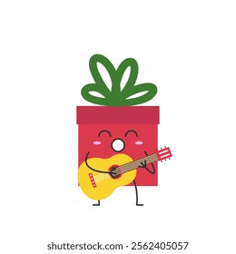 Gift box character cartoon plays the guitar sings smile happy joy cute symbol holiday vector illustration.