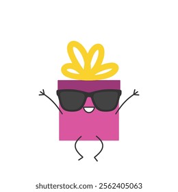 Gift box character cartoon sunglasses greeting jumping smile happy joy cute symbol holiday vector illustration.