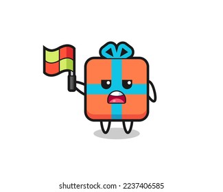 gift box character as line judge putting the flag up , cute style design for t shirt, sticker, logo element