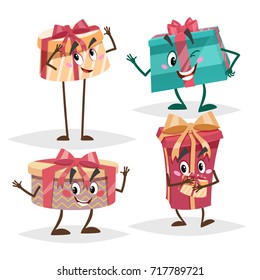 Gift box characters set. Different colors and emotions mascots. Birthday, Christmas and party symbols collection. Vector illustrations isolated on white background.