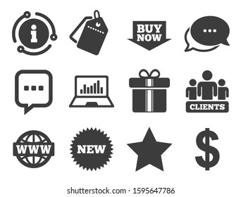 Gift box, chat message and star signs. Discount offer tag, chat, info icon. Online shopping, e-commerce and business icons. Chart, dollar and clients symbols. Classic style signs set. Vector