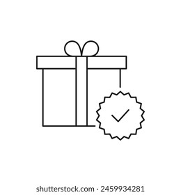 Caja de regalo con el estilo de línea del icono de la marca de verificación aislado sobre fondo blanco. Ilustración vectorial