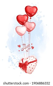 Geschenkbox mit Pralinen, die auf Ballonherzen fliegen. Vektorgrafik für Feiertage für Grußkarten auf blauem Hintergrund.