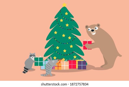 gift box and chrismas tree with wild life in flat desing 