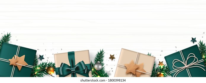 Gift box, Christmas Ball, Pine branch, star, and, Sparkling light, Gray confetti. Vector illustration.