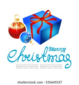 Gift box and Christmas balls isolated on white background. Design elements for greeting cards and flyers. Xmas vector illustration.