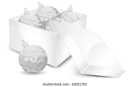Gift box with christmas balls in white, vector illustration
