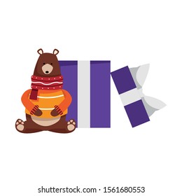 gift box with christmas bear over white background, vector illustration