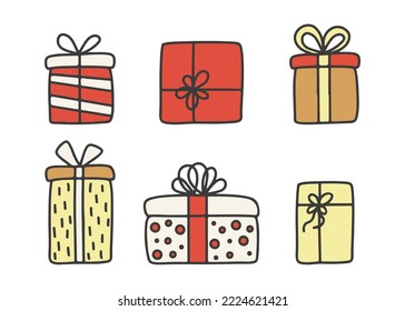 Gift box for Christmas, birthday or holiday, doodle sketch line drawing. Present box, wrapped package with ribbon bow. Surprise on party and celebration. Vector hand draw illustration