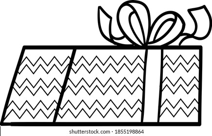 Gift box or Christmas birthday present with decorative stripes and big ribbon knot bow black and white outline vector clip art illustration transparent background