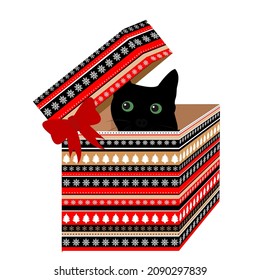 Gift box for Christmas with black cat in it