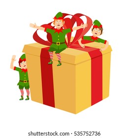 Gift box and Christmas elves. Elf helper Santa Claus. Preparation for holiday. New year Illustration