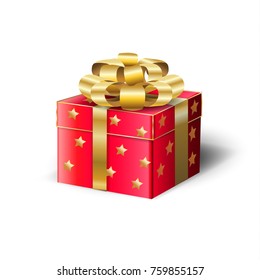 Gift Box for Christmas and New Year Winter Holiday, celebrate, beautiful gift box with satin ribbon isolated on white background, present, vector decorative illustration.