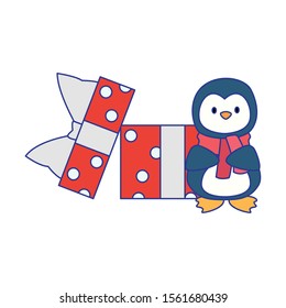 gift box and christmas penguin icon over white background, vector illustration