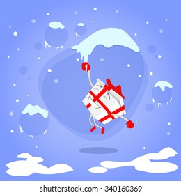 Gift Box Christmas Present Cartoon Character Hang on Icicle Red Bow Concept Blue Snow Background Flat Vector Illustration