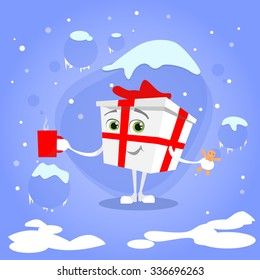 Gift Box Christmas Present Hold Cup Cookies Cartoon Character Red Bow Concept Blue Snow Background Flat Vector Illustration