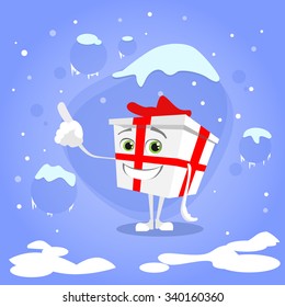 Gift Box Christmas Present Point Finger Up Show Empty Copy Space Cartoon Character Red Bow Concept Blue Snow Background Flat Vector Illustration