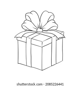 Gift box. Christmas present box with ribbon and bow. Line vector illustration isolated on white background. Vector EPS 10.