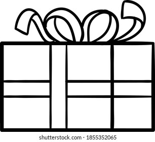 Gift box and Christmas present with riggon and knot bo outline black and white clip art illustration on transparent background