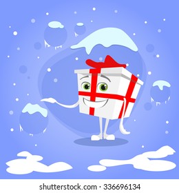 Gift Box Christmas Present Show Hand Side Empty Copy Space Cartoon Character Red Bow Concept Blue Snow Background Flat Vector Illustration