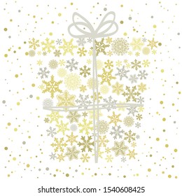 Gift box with Christmas presents, snowflake design background.