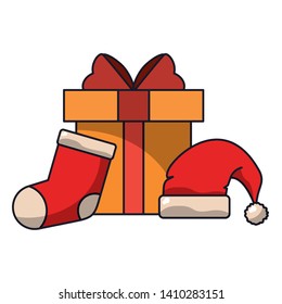 Gift box with christmas santa hat and sock with gift box vector illustration graphic design