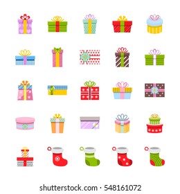 Gift box and christmas socks icon set in flat style. Vector illustration.