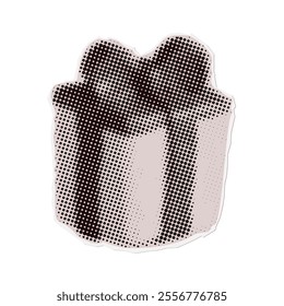 Gift box - Christmas torn out paper sticker in naive halftone collage style. Vector vintage clay toy.