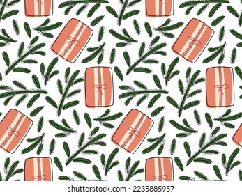 Gift box and Christmas tree branches Seamless pattern. Gift boxes and winter plant. Zero waste, eco friendly packaging. New year, Christmas Repeated Hand drawn design for wallpaper, wrapping, textile
