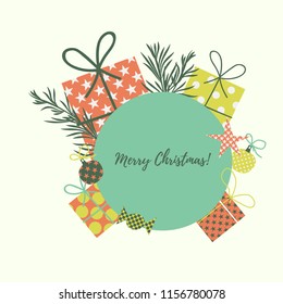 Gift Box, Christmas tree toy, brunch. Text place. Card design. Sale banner