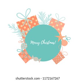 Gift Box, Christmas tree toy, brunch. Text place. Card design. Sale banner