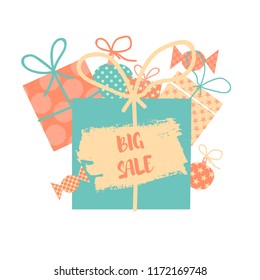 Gift Box, Christmas tree toy, brunch. Text place. Card design. Sale banner