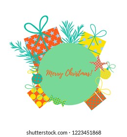 Gift Box, Christmas tree toy, brunch. Text place. Card design. Sale banner