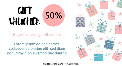 Gift Box, Christmas tree toy, brunch. Text place. Card design. Sale banner