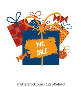 Gift Box, Christmas tree toy, brunch. Text place. Card design. Sale banner