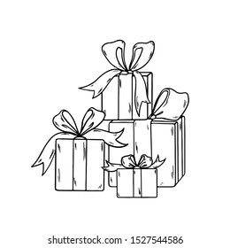 Gift box. Christmas, valentines day, birthday. Hand drawing signs of presents isolated on white. Vector illustration. 