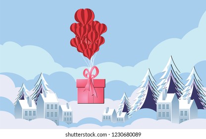 Gift box for Christmas with winter landscape, Vector and illustration digital paper art style