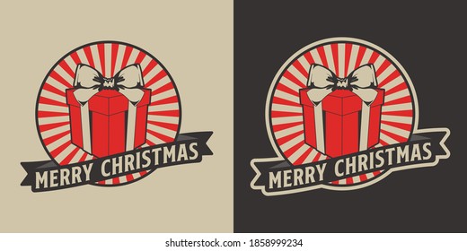 Gift Box with Circle Stripe Background Design Vector Badge Vintage Christmas Isolated Illustration