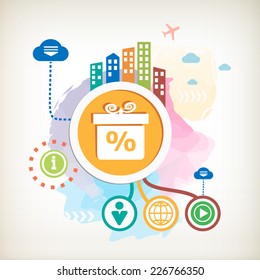 Gift box and city mark on abstract colorful watercolor background with different icon and elements.