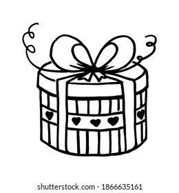 The gift box is closed and decorated with a bow. New Years surprise gift box. Hand drawing doodle. Nice, funny drawing. Black and white drawing. Vector. Icon.