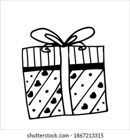 The gift box is closed and decorated with a bow. New Years surprise gift box. Hand drawing doodle. Nice, funny drawing. Black and white drawing. Vector. Icon.